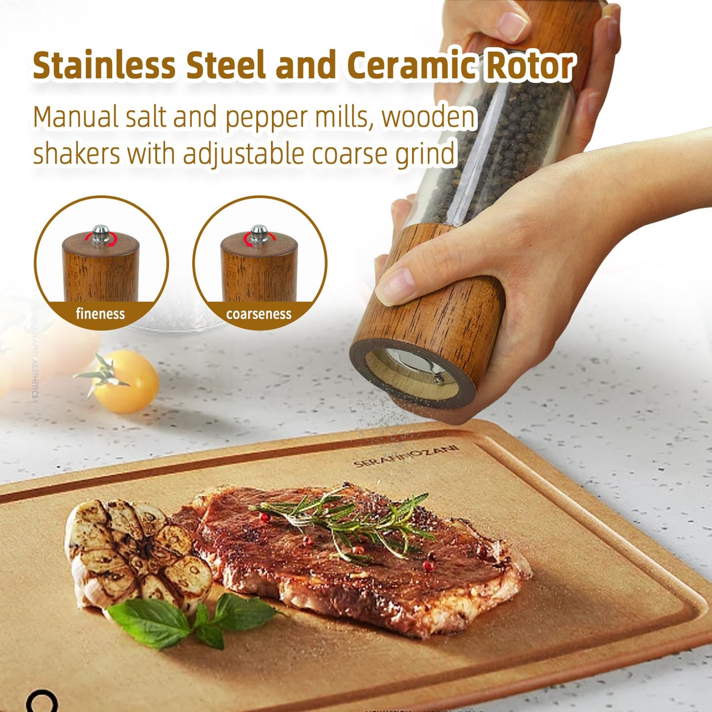 XWXO Premium Acrylic Salt and Pepper Grinder Set, Manual Salt and Pepper Mills- Wooden Shakers with Adjustable Ceramic Core-Salt Grinder and Pepper Mill -8 Inches-Pack of 2