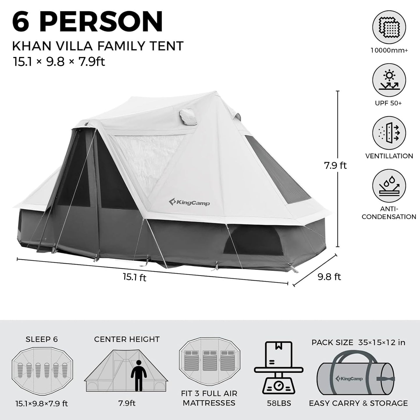 KingCamp Canvas Tent for Camping, 4 Seasons Large Waterproof & Windproof Luxury Glamping Tent with Stove Jack for Family Outdoor Camping, Hunting & Parties