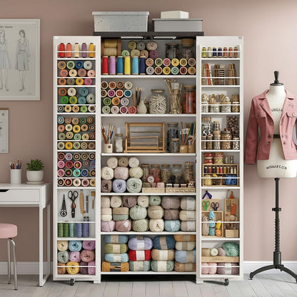 NEWOWNDS Craft Storage Cabinet with LED Lights – 72" Adjustable Shelves Sewing Organizer, Multi-Purpose Sewing Cabinet for Craft Room/Home Office Storage