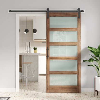 FREDBECK 36 x 84 inch Glass Barn Door with 6.6FT Barn Door Hardware Kit & Handle Included,5-Panel Frosted Glass, Water-Proof Surface,Pre-Drilled Holes,Need Assembly