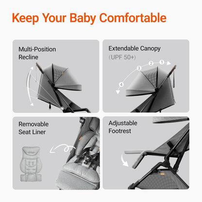 MAMAZING Ultra Air Lightweight Baby Travel Stroller with Carbon Fiber Frame, Compact & Airplane-Friendly, One-Handed Fold, 11.6 lbs, Perfect for Toddlers, Organizer & Cushion Included, Grey
