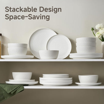 KINGSTONE Ceramic Dinnerware Set, 24-Piece Porcelain Plates and Bowls Set for 8, Matte Black or White, Hammered Texture, Microwave, Dishwasher & Oven Safe, Perfect for Home, Weddings & Gifts