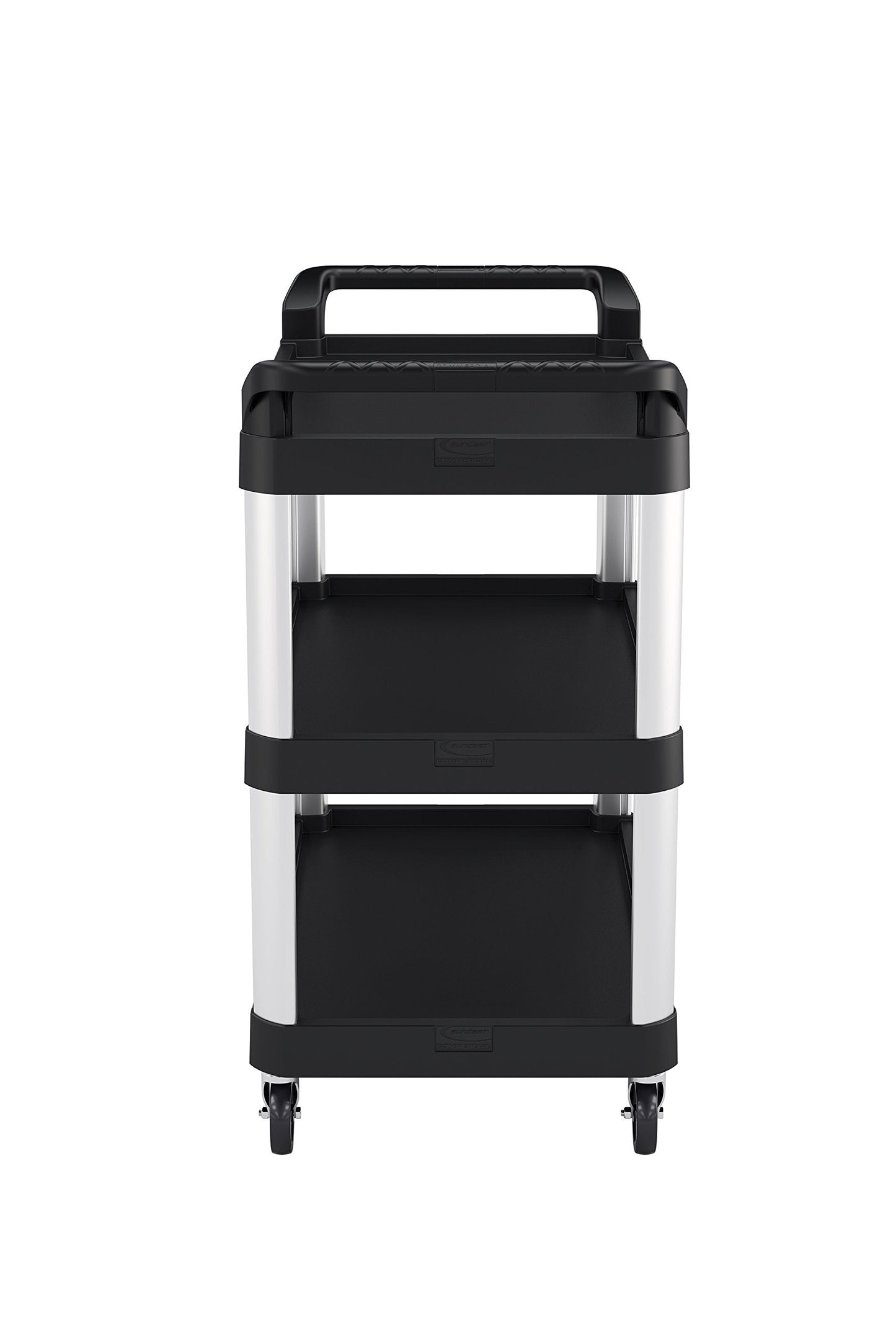 Suncast Commercial 3-Tier Heavy Duty Work Cart with Non-Marking Wheels, Ergonomic Handles, Holds up to 300 lbs, 20" x 40", Black and Silver, Made in the USA