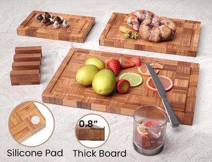 Fibogollo Bamboo Cutting Boards for Kitchen,Chopping Boards Set with Juice Groove,End Grain Bamboo Butcher Block,Serving Board with Holder(3 Pcs)
