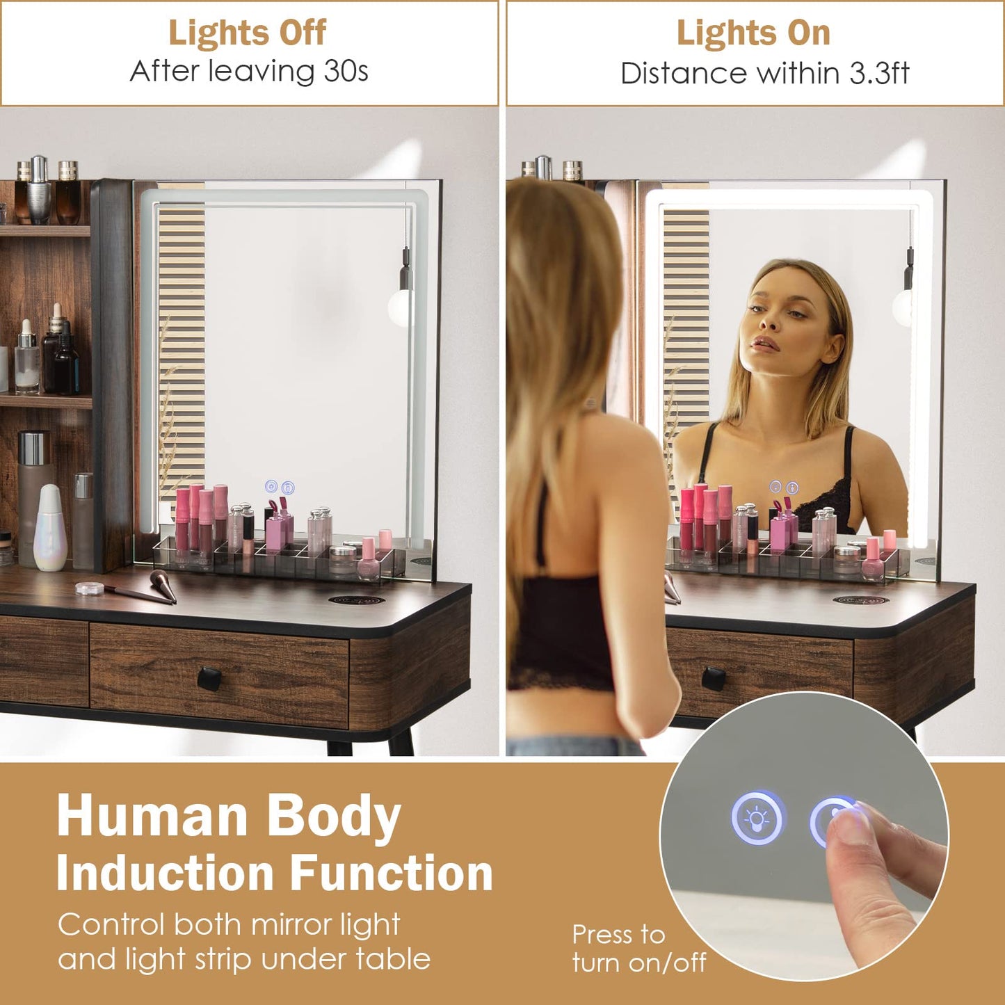 CHARMAID Makeup Vanity Table with Large Lighted Mirror, 3 Lighting Sets, Human Body Induction, Side Cabinet, 2 Drawers, Storage Shelves, Cosmetic Tray, Dressing Vanity Desk with Stool