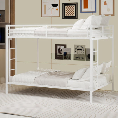 KEIKI Queen over Queen Size Metal Bunk Bed Frame with Built-in Ladder and Full-Length Railing, Modern Style Bunk Bed with Slats and Guardrail, No Box Spring Required, Easy Assembly, for Bedroom, White