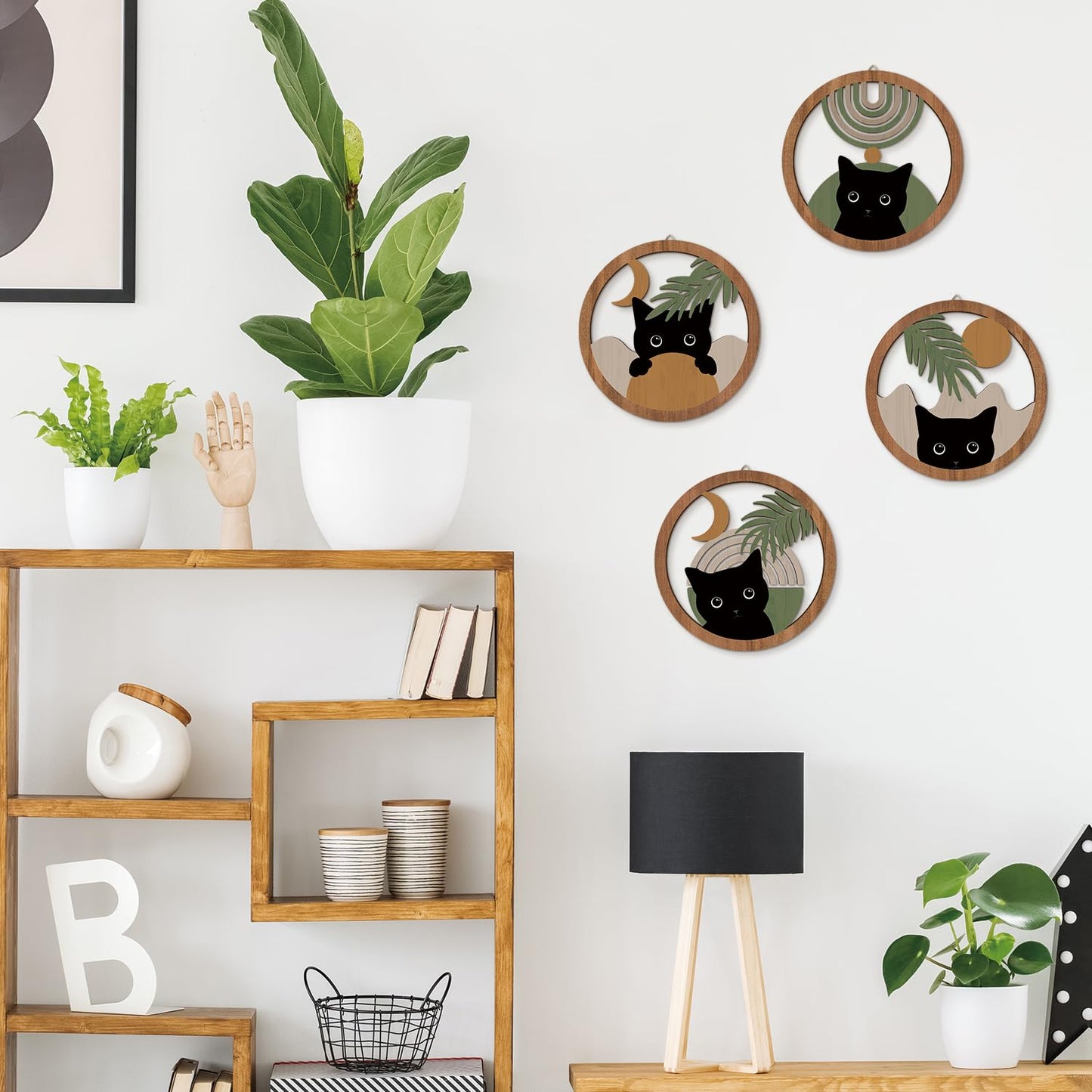 HPNIUB Boho Black Cat Wall Decor, Farmhouse Geometric Hanging Wooden Wall Art, 4 Pieces 10''x10'' Mid Century Bohemian Abstract Moon and Sun Wood Sign for Nursery Bedroom Decoration, Lovely Cat Gifts
