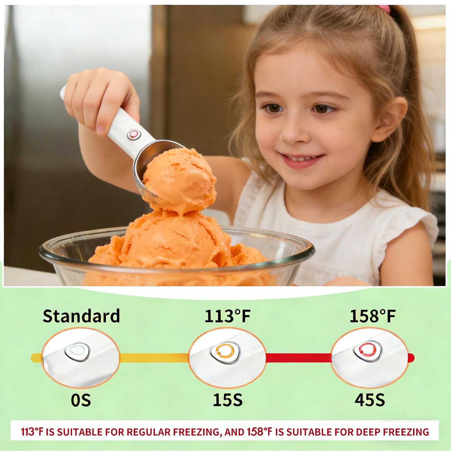 Heated Ice Cream Scoop, 2-in-1 Electric Scooper with ON/Off Switch, 2-Temp Adjustable (113°F-158°F), IP67 Waterproof, Rechargeable, Perfect for Hard Ice Cream, Seniors, Kids, Ideal Gift