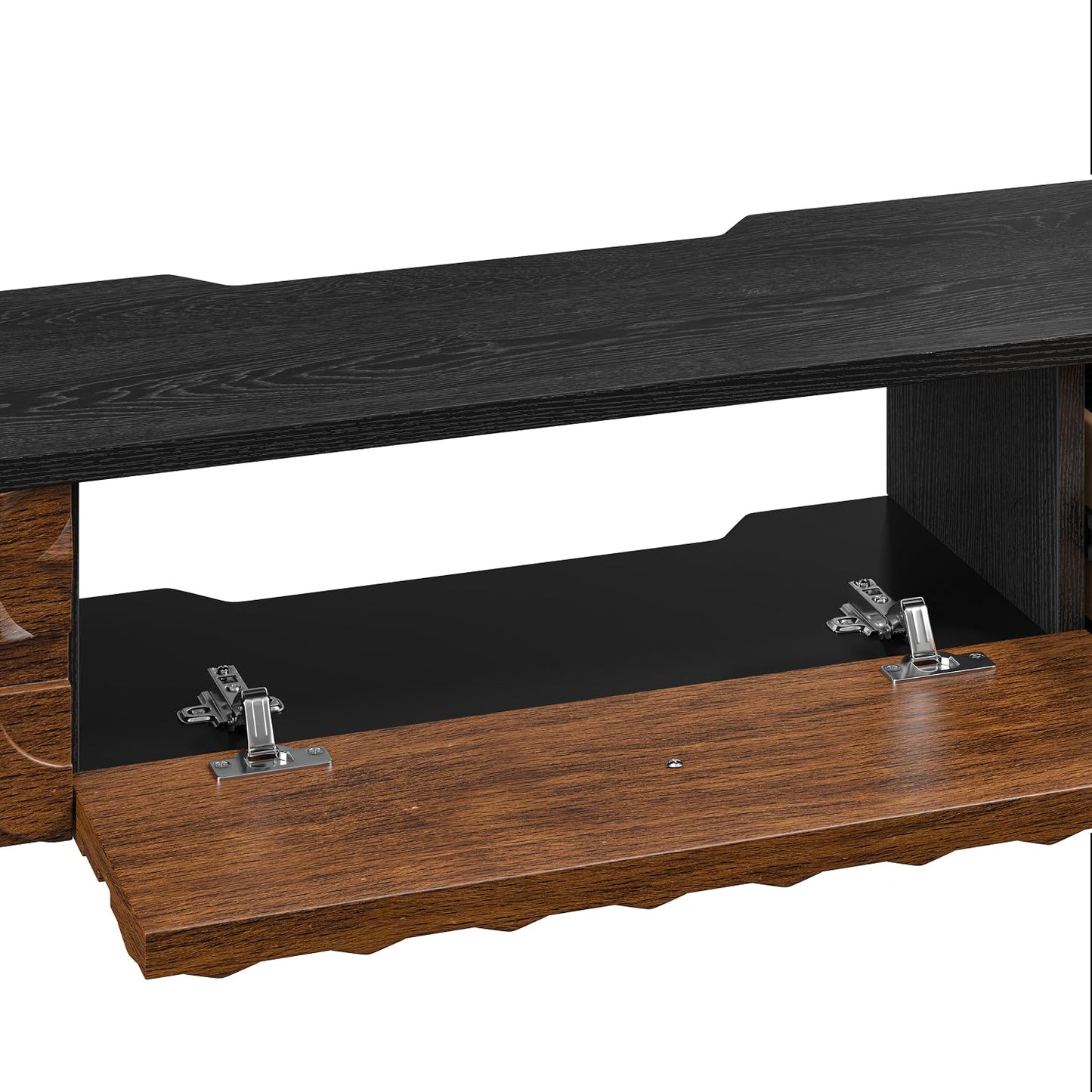 FurniNova Fully Assembled Floating TV Stand, 55 inch Wall Mounted Media Console with Carved Solid Wood Doors & 2 Drawers, Plywood Entertainment Center for Living Room, Black & Walnut