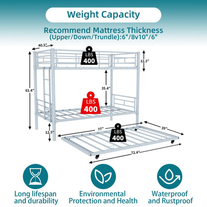 Bellemave Metal Bunk Bed with Trundle, Twin Over Twin Bunk with Guardrail and Ladder for Kids/Teenagers, Adults, No Box Spring Needed, Silver