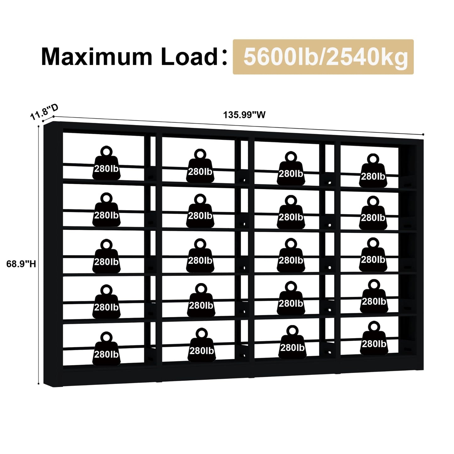 OSEILLC 5-Tier Black Bookshelf, Metal with Adjustable Storage Shelves, Freestanding Bookcases and Bookshelves, Wide Bookshelf for Home Office, Living Room, Including Book Stopper