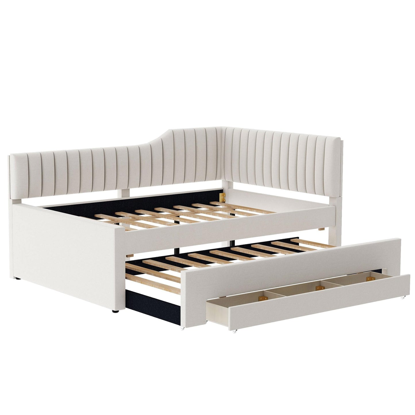 Merax Full Size Upholstered Wood Daybed Extendable Sofa Bed with Trundle and Three Storage Drawers for Living Room Guest Room, Beige