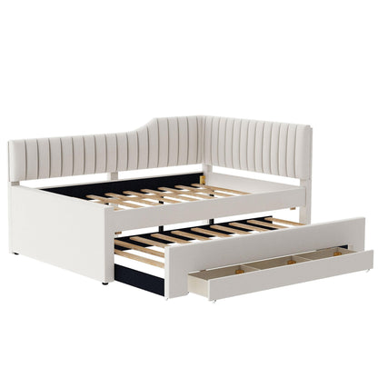 Merax Full Size Upholstered Wood Daybed Extendable Sofa Bed with Trundle and Three Storage Drawers for Living Room Guest Room, Beige