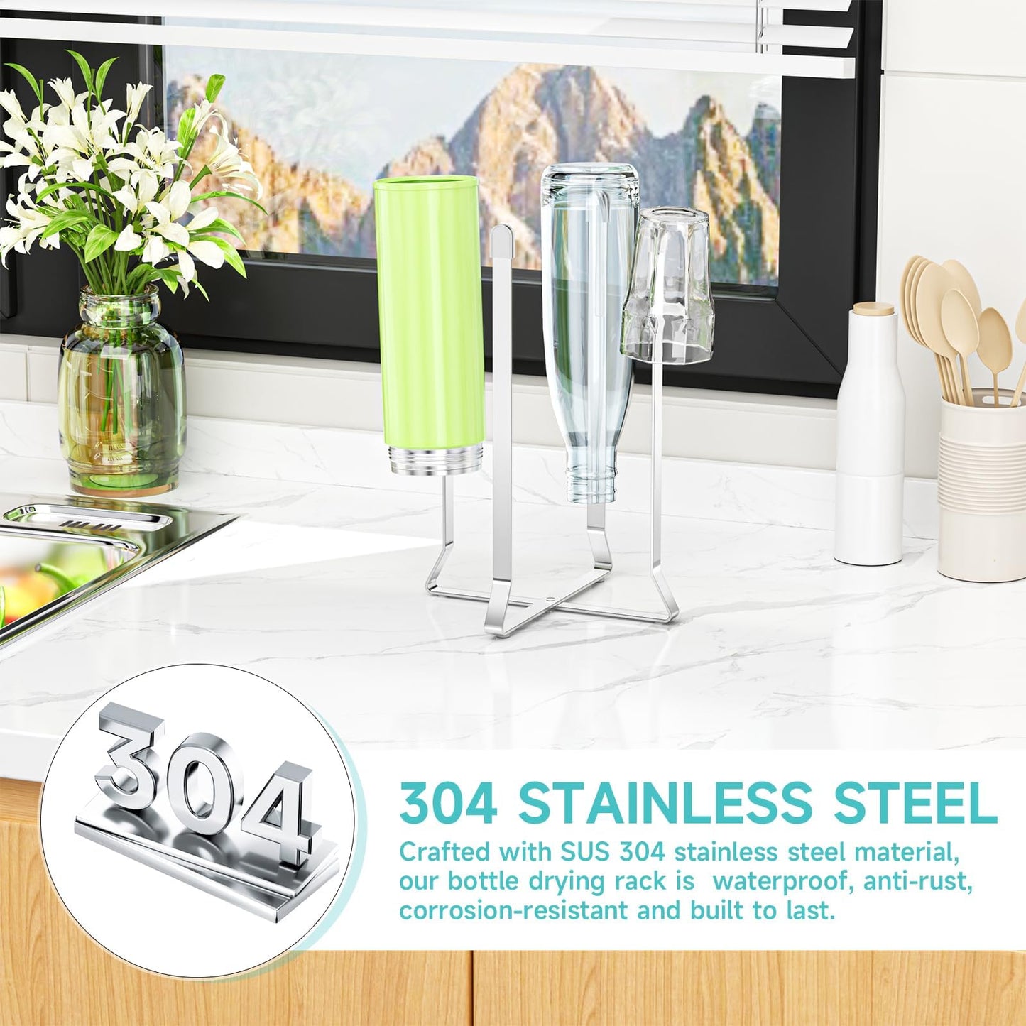 Bottle Drying Rack Reusable Drying Rack for Bottles Metal Foldable Water Bottle Dryer Holder Space Saving Cups Dryer Racks Kitchen Stand Holder for Plastic Bags, Bottles and Cups (Silver, 1PC)