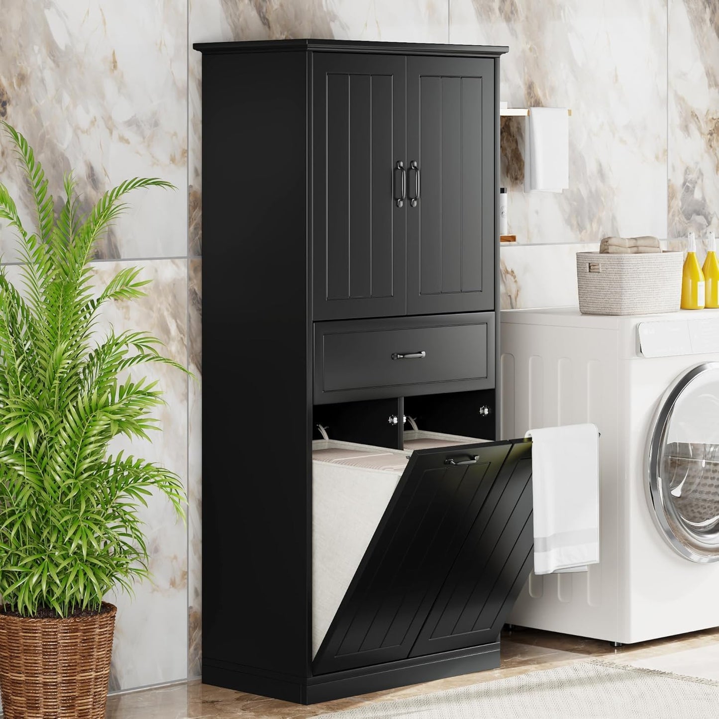 Virubi Tall Tilt Out Laundry Cabinet with 2 Tilt Out Laundry Hamper, Wood Bathroom Storage Cabinet with Doors,Drawers and Adjustable Shelves Freestanding (Black)