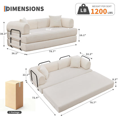 GarveeHome 79" Convertible Sleeper Sofa Bed Couch, 4-in-1 Boneless Corduroy Folding Sofa Bed with Pillow & Fixed-Shape, Floor Mattress Couch Loveseat for Living Room Apartments - No Assembly, Beige