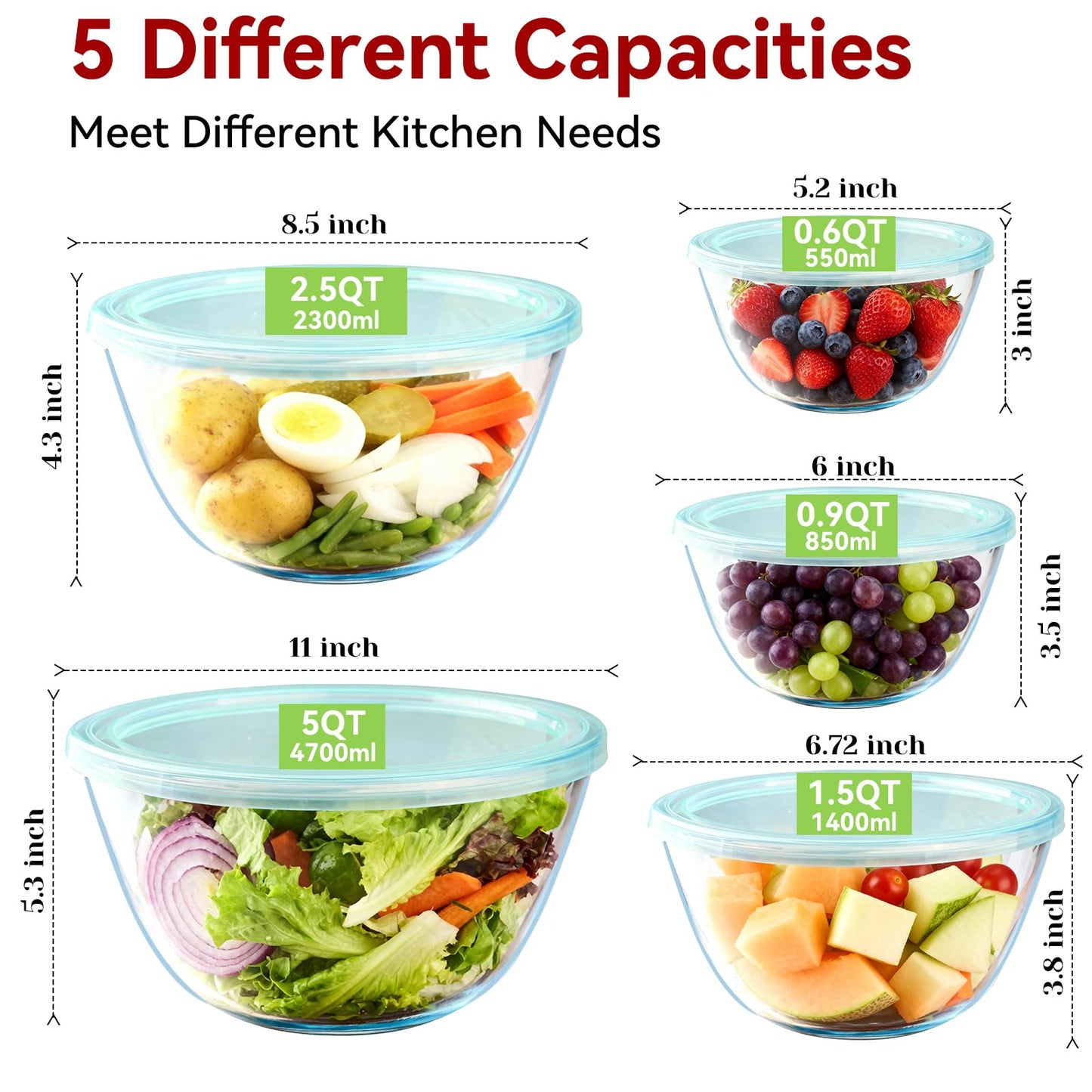 YUANYE 5 Pack Glass Mixing Bowls with Lids Set (5/2.5/1.5/0.9/0.6QT), Thick Glass Large Salad Bowl Set, Nesting Kitchen Bowls for Serving, Prepping, Cooking and Baking, Dishwasher,Oven,Microwave Safe