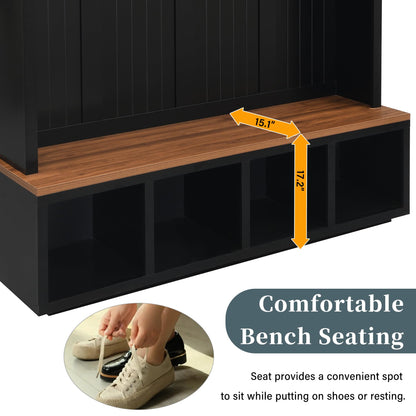 Merax Wood Rustic 59''W Hall Tree Entryway Bench with 4 Hooks and Cabinets, Farmhouse Mudroom Versatile Coat Racks with Shoe Storage Bench, Entrance Organizer for Hallway, Living Room Black