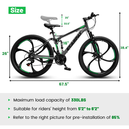 Ecarpat 26 Inch Full Suspension Mountain Bike, 21 Speeds Dual Disc Brake, Men Women Carbon Steel Mountain Bike, Adult Trail Beach Snow Commuter City Bikes