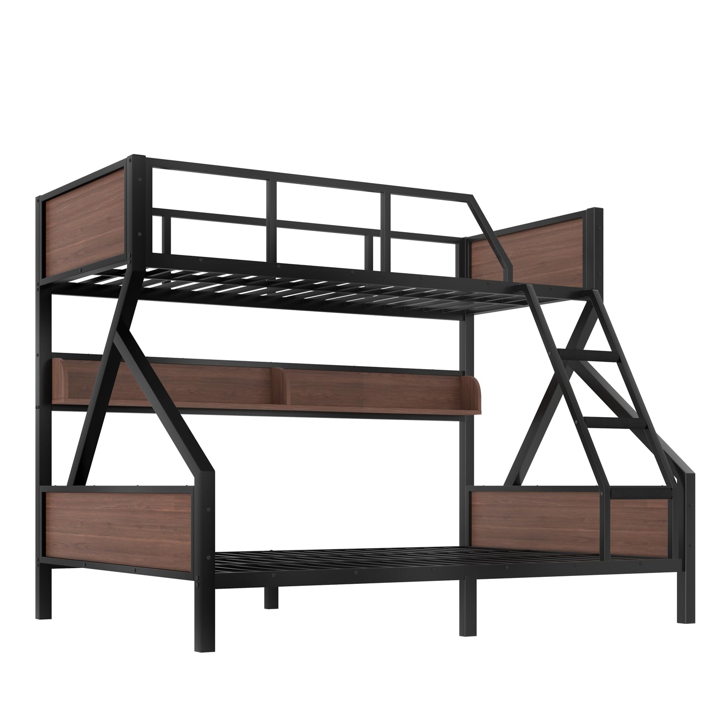 Bellemave Twin XL Over Queen Size Bunk Bed with Storage Shelves and LED Lights,Heavy Duty Adult Bunk Beds with Angled Ladder,Metal Queen Bunk Bed,Black