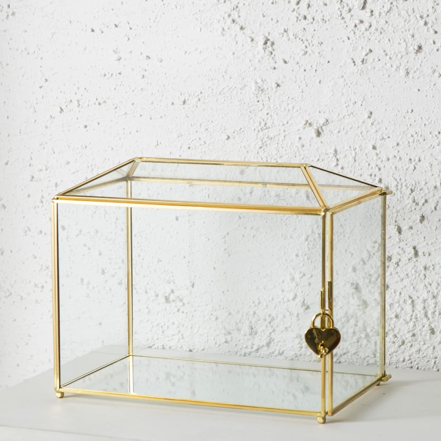 Glass Wedding Card Box with Slot, Large Clear 10.2 inch Gold Brass Gift Card Storage Box with Lock for Wedding