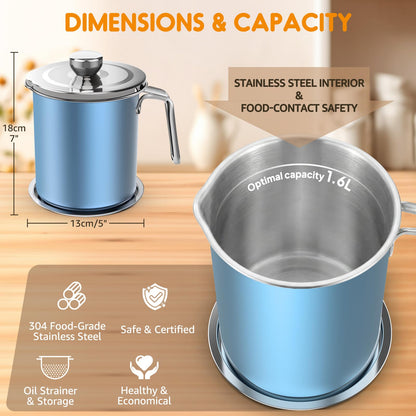 Chihee Grease Container Stainless Steel Bacon Grease Saver with Fine Mesh Strainer 2L / 67.6 fl oz Cooking Oil Keeper Stoarge Can with Dust-proof Lid Non-slip Tray for Kitchen Frying