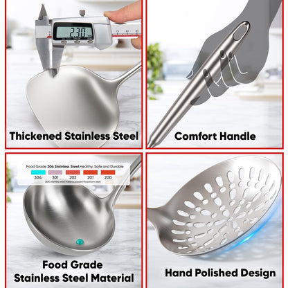 Newness 9 Pcs Cooking Utensils Set, 304 Stainless Steel Kitchen Utensils Set, Metal Kitchen Accessories, Include Soup Ladle, Slotted Skimmer Spoon, Spaghetti Spoon and Spatula, Dishwasher Safe