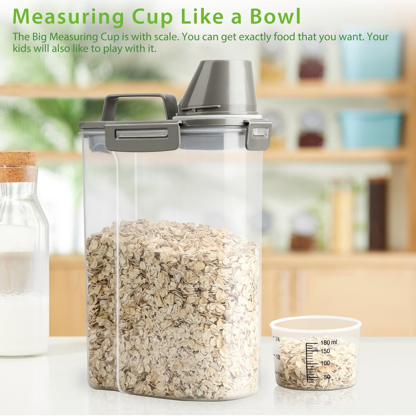 Viretec Rice Airtight Storage Container, 3 to 5Lbs Cereal Dry Food Flour Bin, Pet Dog Cat Food Dispenser with Measuring Cup, BPA Free Clear Plastic Kitchen and Pantry Organization Bin for Sugar