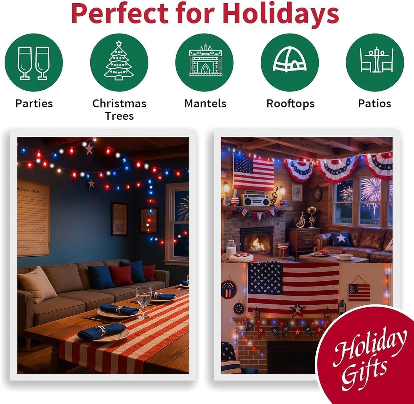 99ft 300LED 16 4th LAMPHOME Red White and Blue Patriotic String Lights, Modes Red White Blue LED Lights Plug