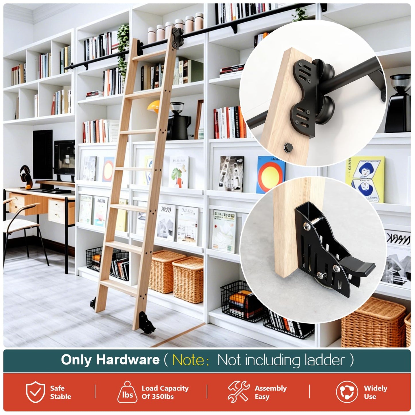104RDHOUSE 12FT Sliding Library Ladder Hardware Kit, Black Retractable Rolling with Braking Casters, Adjustable to Stand Upright, MAX Load 300lbs，No Ladder