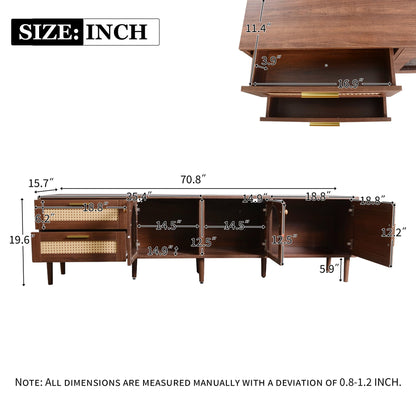 Merax LED TV Stand for TVs up to 80", Boho Entertainment Center with Rattan Decor, Multi-Functional Media Console & 3 Storage Cabinets and 2 Drawers for Living Room, Bedroom, Home Theatre, Dark Brown