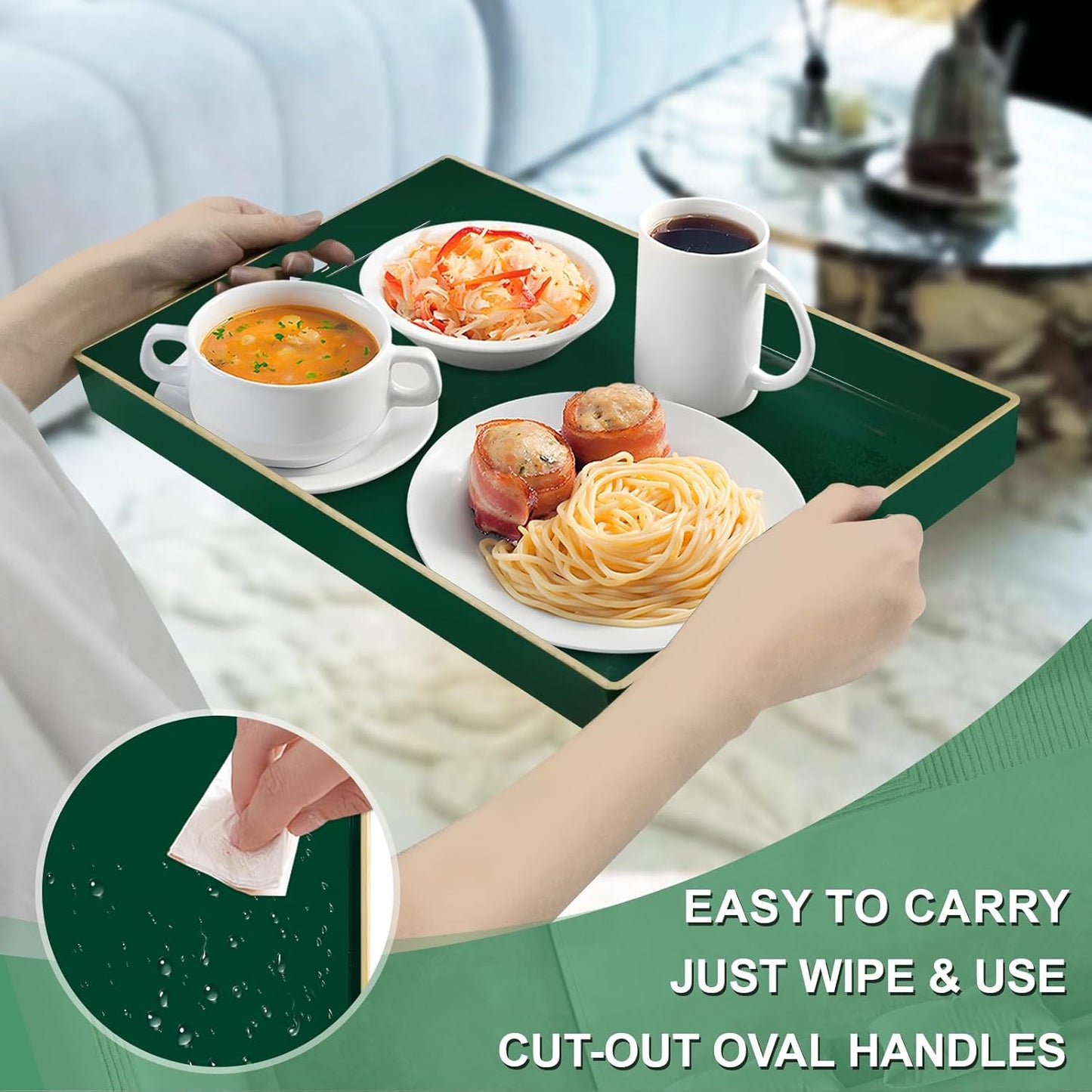 15.8" 10.2" 1.4" MAONAME Dark Green Decorative Tray, Serving Tray with Handles, Plastic Trays for Coffee Table