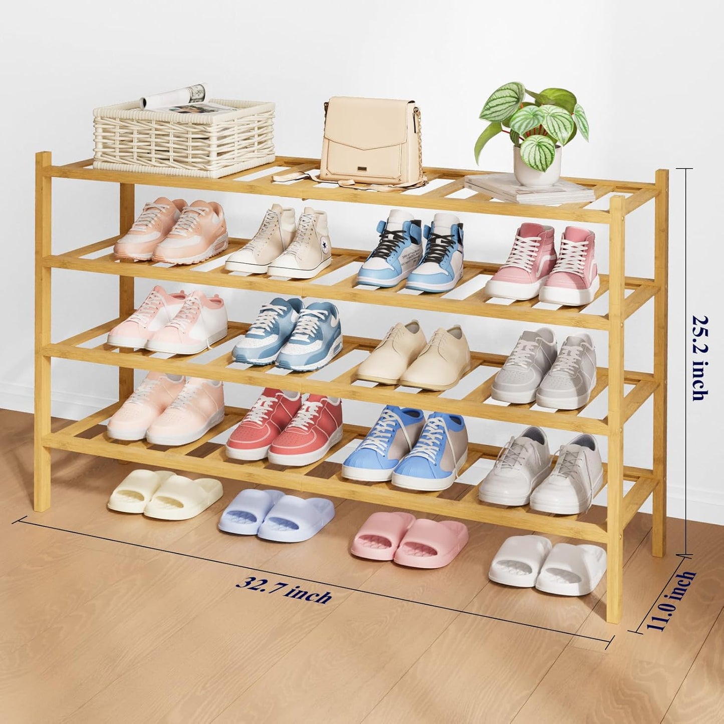 Closet 32.7" 4 Kitsure Bamboo Wooden Shoe Rack for - Stackable Shoe Organizer with Modular Structure, Space-Saving Shoe