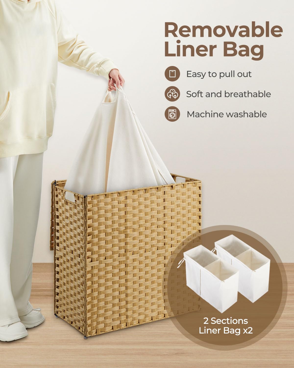 Greenstell Laundry Hamper with lid, No Install Needed, 110L Wicker Laundry Baskets Foldable 2 Removable Liner Bags, 2 Section Clothes Hamper Handwoven Rattan Laundry Basket with Handles, Natural