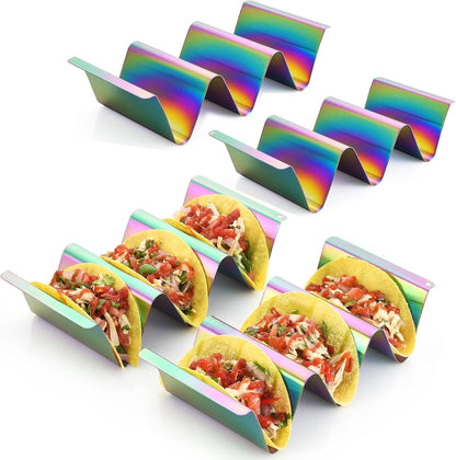 ARTTHOME. Taco Holder Set of 4 Titanium Plated – Taco Stand for 3 Tacos, Soft Taco Shell Holder, Vibrant Tray for Tacos, Burritos, Nachos & Fajitas – Sturdy & Stylish Design (AT-2021419-TH-2)
