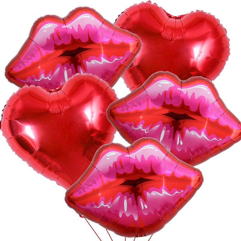 5 Packs of Large Pink Huge Red Lips Balloons Heart Ballons for Makeup Themed Party Anniversary Decor, Kiss The Miss Goodbye(30 Inch)