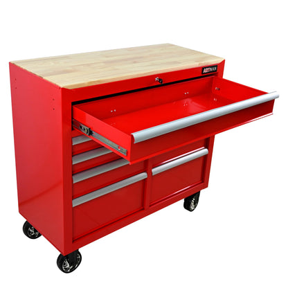 KEIKI 9 Drawer Rolling Tool Cart with Wooden Top, Metal Tool Cabinet with Wheels and Handle, Heavy Duty Storage Organizer for Garage Workshop (Red)