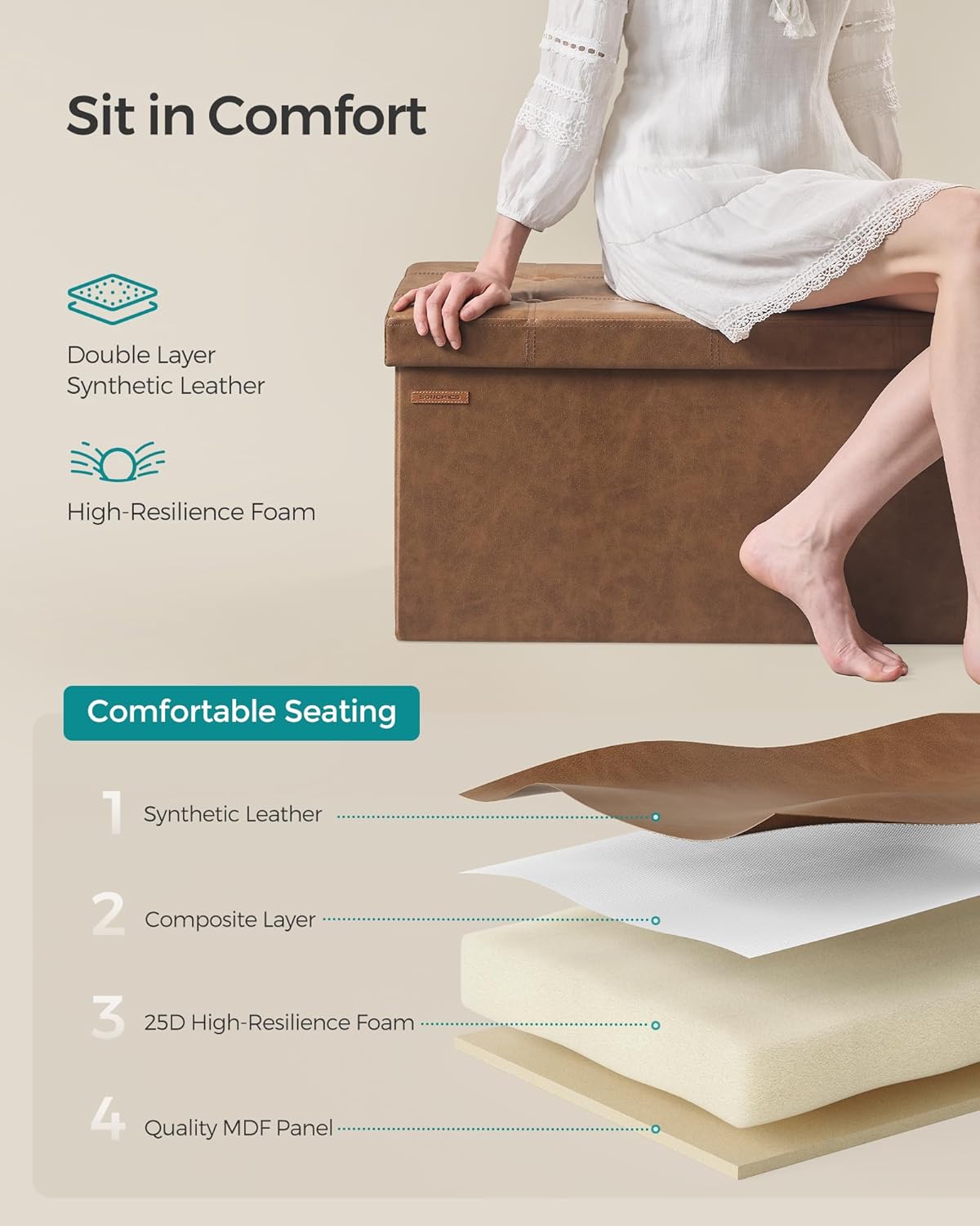 SONGMICS Storage Ottoman Bench, Foldable Foot Rest, 15 x 30 x 15 Inches, End of Bed Storage Chest, Coffee Brown