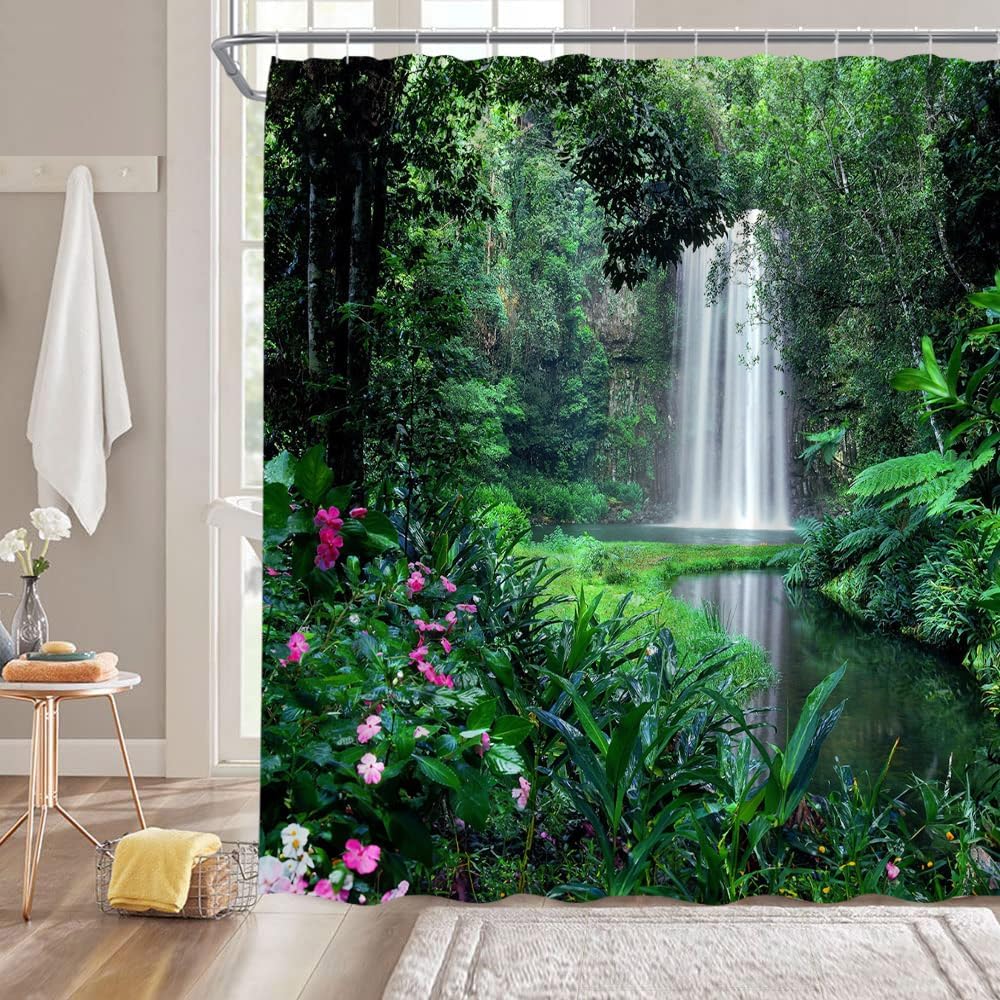 Rainforest Waterfall Shower Curtain Nature Green Forest Flowers Tropical Landscape Bathroom Decor with Hooks