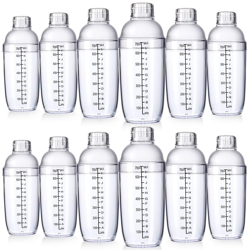 Lallisa 12 Pcs Plastic Cocktail Shaker Drink Mixer with Scales and Strainer Top Clear Shaker Cup with Measurement Plastic Mixing Tool for Tea Coffee Bubble Tea Milk(700 Cc/ 24 oz)