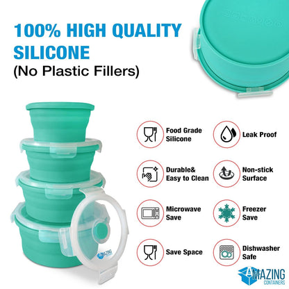 Collapsible Bowls for Camping, Set of 4 Silicone Food Storage Containers with Lids, Rv storage and organization, Rv Kitchen Accessories, BPA Free, Microwavable, Freezer, Dishwasher Safe