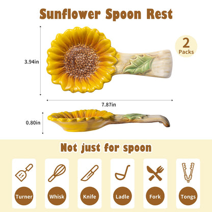 2 Pack Spoon Rest for Stove Top, Sunflower Ceramic Spoon Holder for Kitchen Counter Cooking Utensil Ladle Spatula Holder Cute Spoon Rest Sunflower Kitchen Decor Items House Warming Birthday Gift