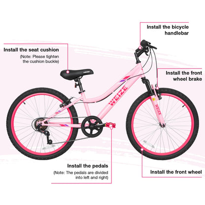 WEIZE 24 Inch Kid Mountain Bike,Kid Bike for Girls Age 6-14 Year Old,6 Speed Kid Bicycle with Front Suspension Fork,Adjustable Seat Height,High-Carbon Steel Frame,Ideal for Girl Adventurers,Pink