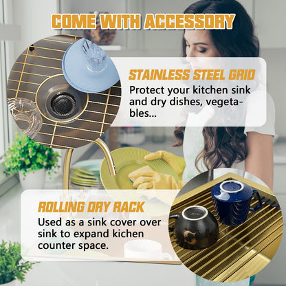 Gold 50/50 Double Bowl Kitchen Sink, 33"x 22" Stainless Steel Drop In Kitchen Sink Gold Topmount Sink With Gold-tone Accessories-Rack,Grid And Drain Assembly Add Luxurious Look For Modern Kitchen