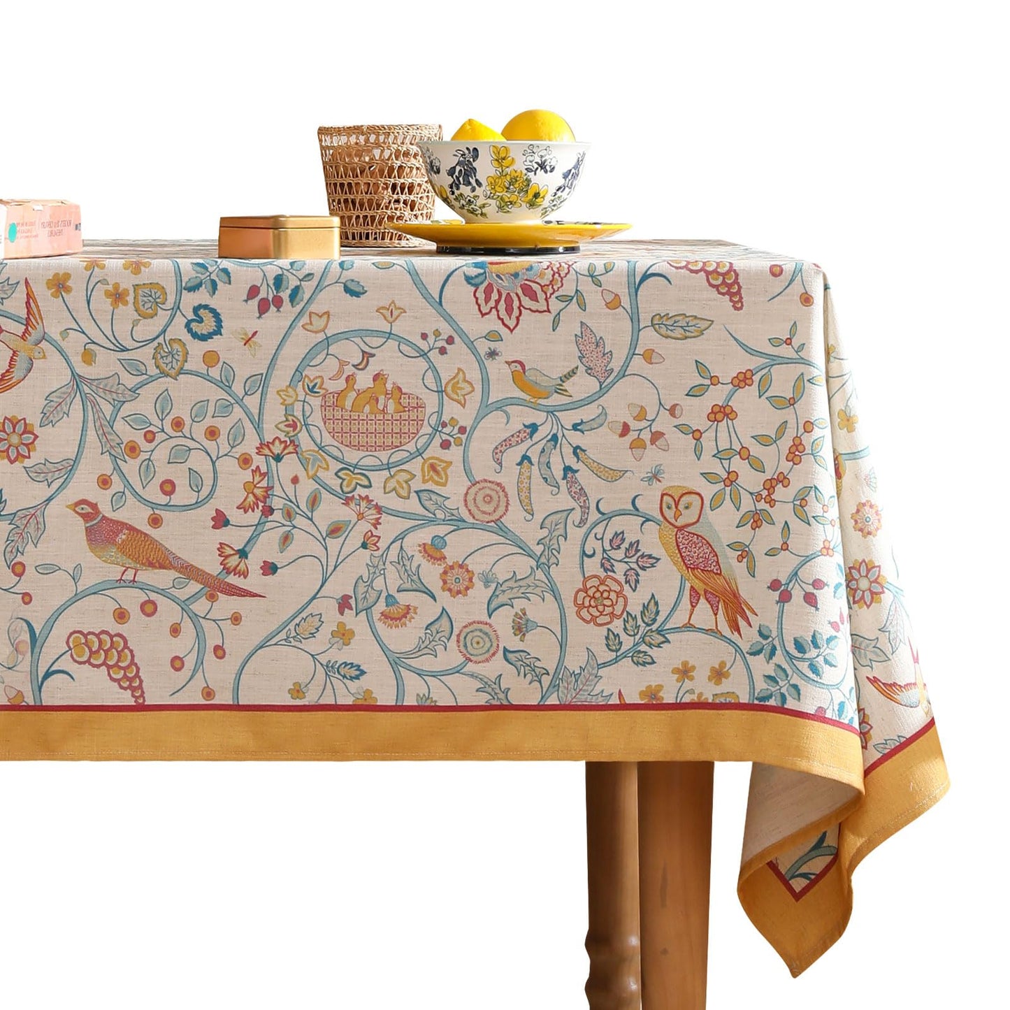 patdrea Designer Yellow French Spring Summer Tablecloth,Rustic Linen Floral Birds Pattern Table Cloth for Square Tables,Decor Table Cover for Kitchen Dining Holiday Banquet,Christmas,55"*55"