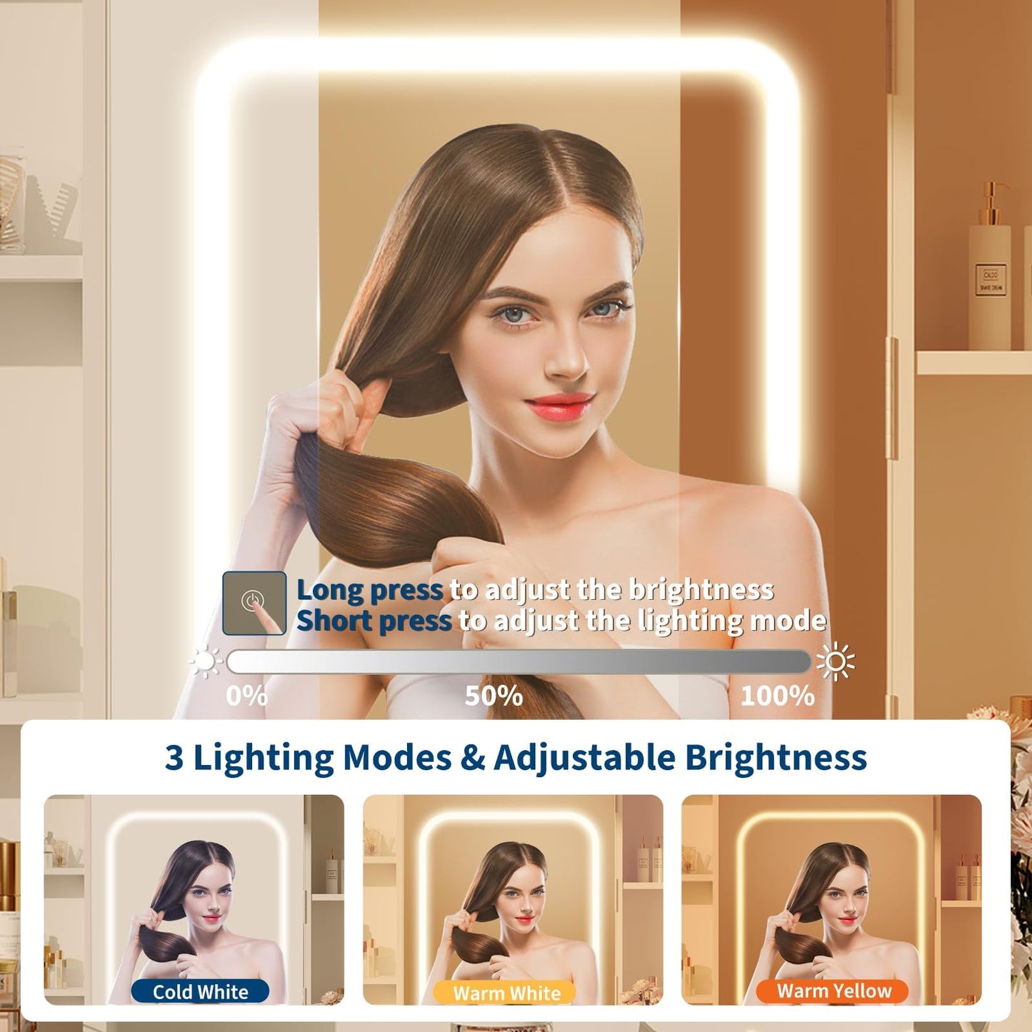 GAOMON Vanity Desk with Mirror and Lights, Upholstered Vanity Stool, Power Outlets & Hairdryer Holder, Makeup Vanity Set with Adjustable 3 Color Lights Modes for Bedroom Girls Gifts, White