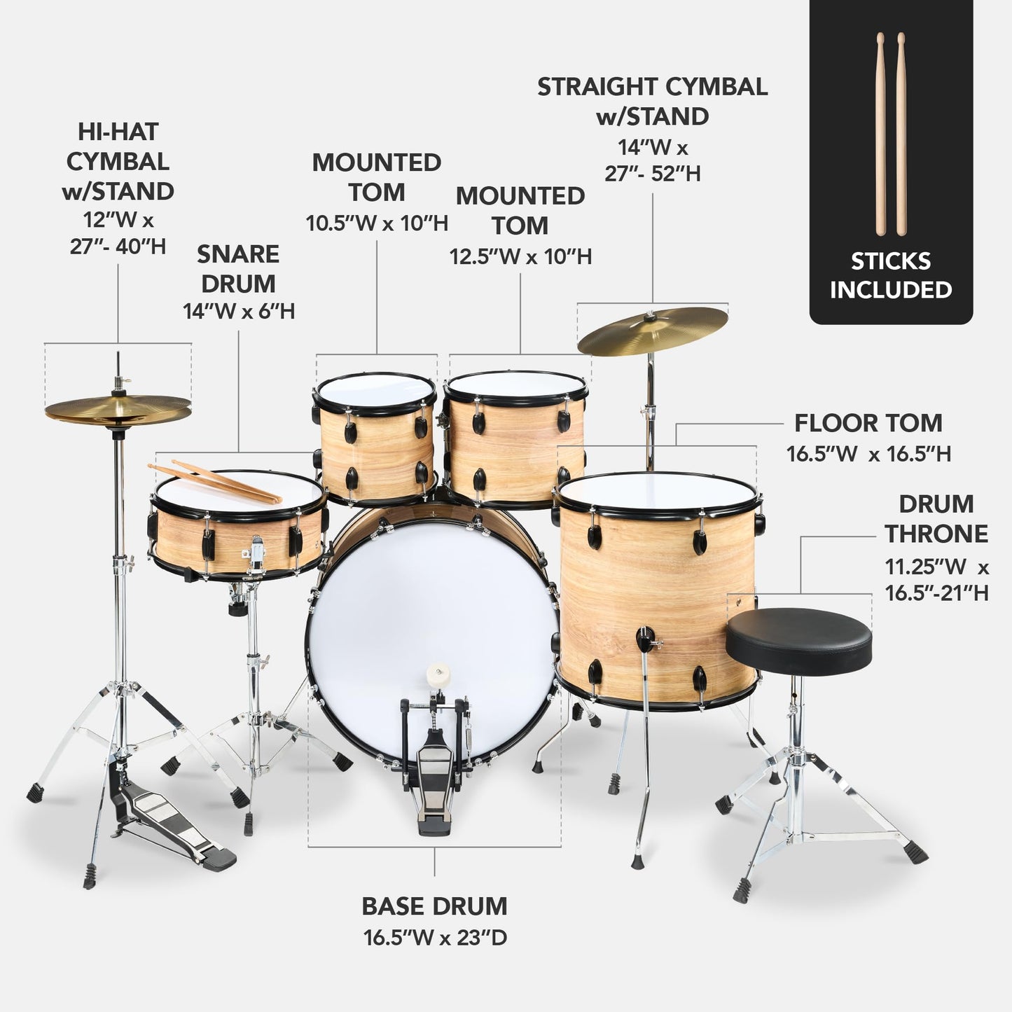 Best Choice Products 5-Piece Full Size Complete Adult Drum Set w/Cymbal Stands, Stool, Drum Pedal, Sticks, Floor Tom - Natural