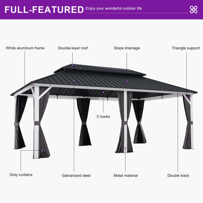 PURPLE LEAF 12' X 20' Hardtop Gazebo Metal Double Roof White Aluminum Frame Outdoor Heavy Duty Gazebo with Curtain and Netting for Patio Garden and Backyard, Grey