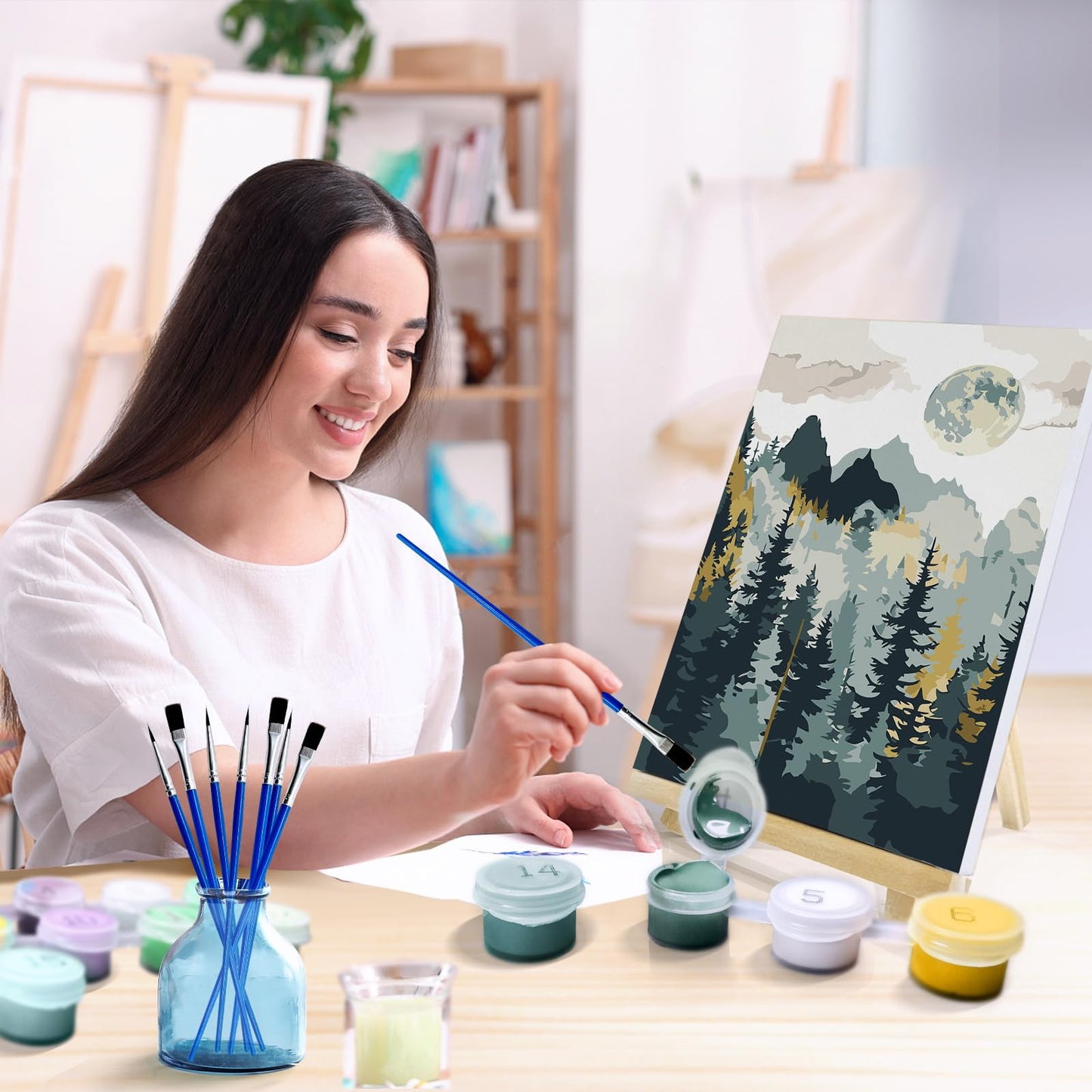 JOOZ 4 Pack Framed Paint by Numbers Kit for Adults, Mountain Sunset Paint by Number with Easel, DIY Moon Lake Adult Paint by Number Kits on Canvas, Landscape Oil Painting Kit for Home Decor 8x12 Inch