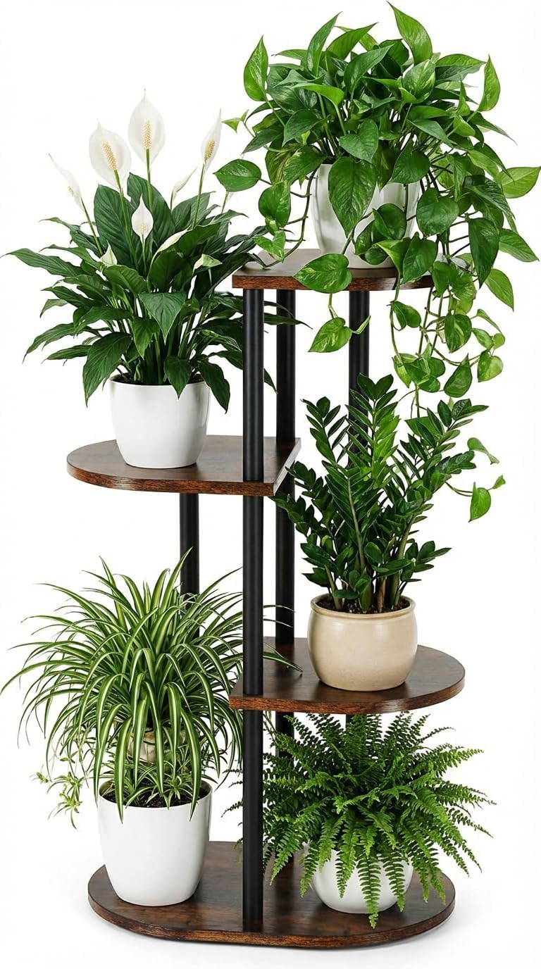 Korrie Home 4 5 Tiered Plant Stand Indoor, Tall Tier Potted Wooden Plant Shelf for Multiple Flower Plants, Multi Corner